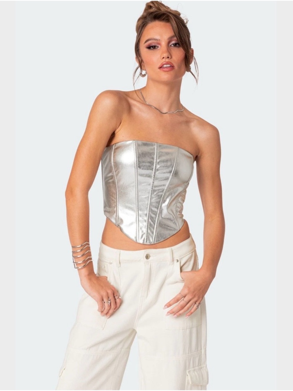 NWOT Edikted Mabel Metallic Faux Leather Corset